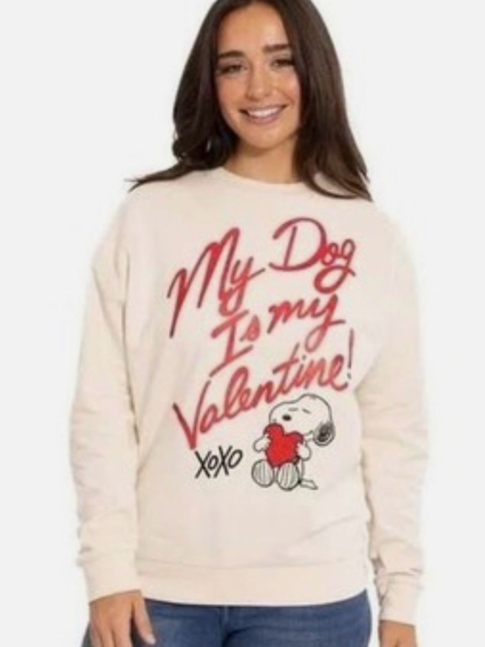 Brand new Snoopy My Dog is my Valentine Cream Sweatshirt w/Pink Script Graphic
